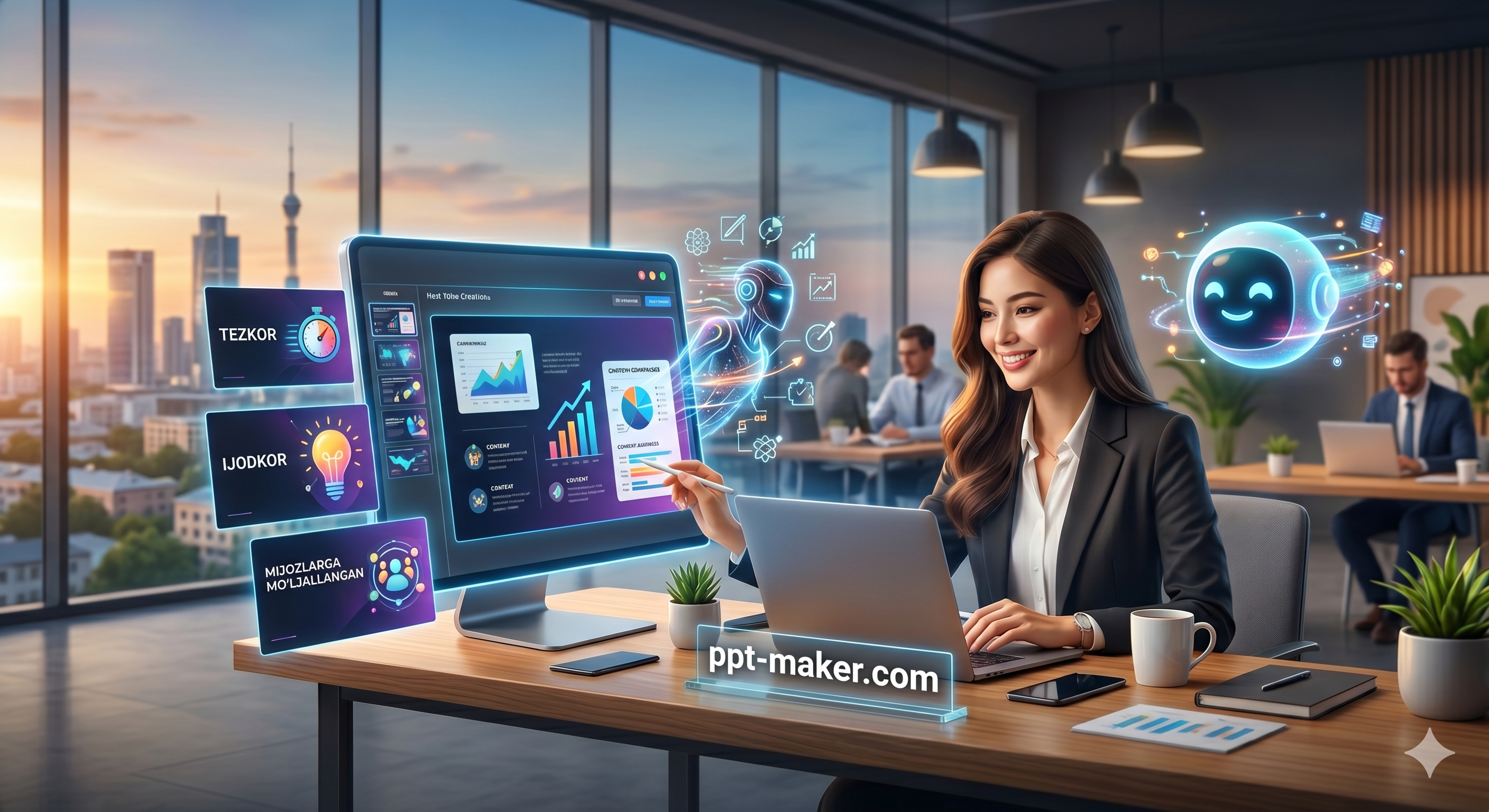 AI yordamida slaydlar va taqdimot muhitini ko‘rsatuvchi illustratsiya